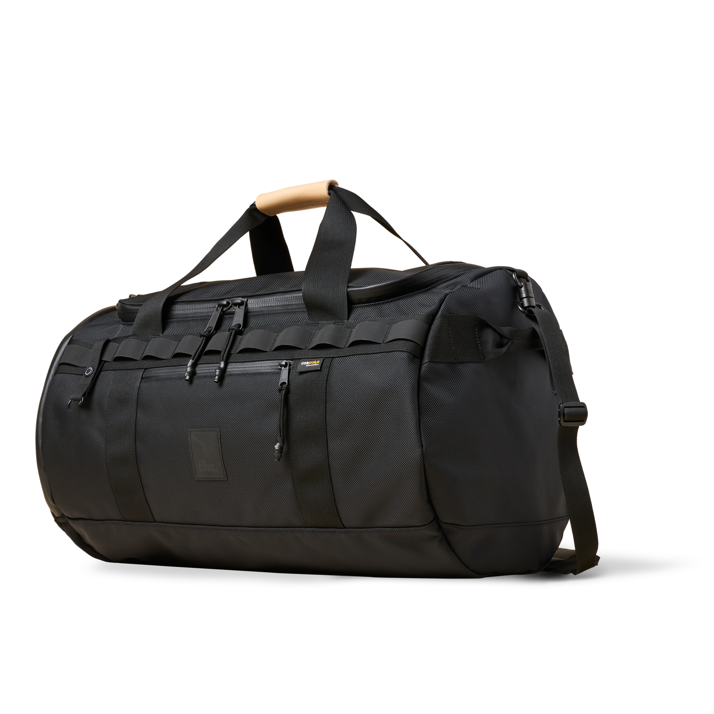 Duffalo duffel bag black with tan top handle and MOLLE webbing The Brown Buffalo on Tampa Home & Garden Store