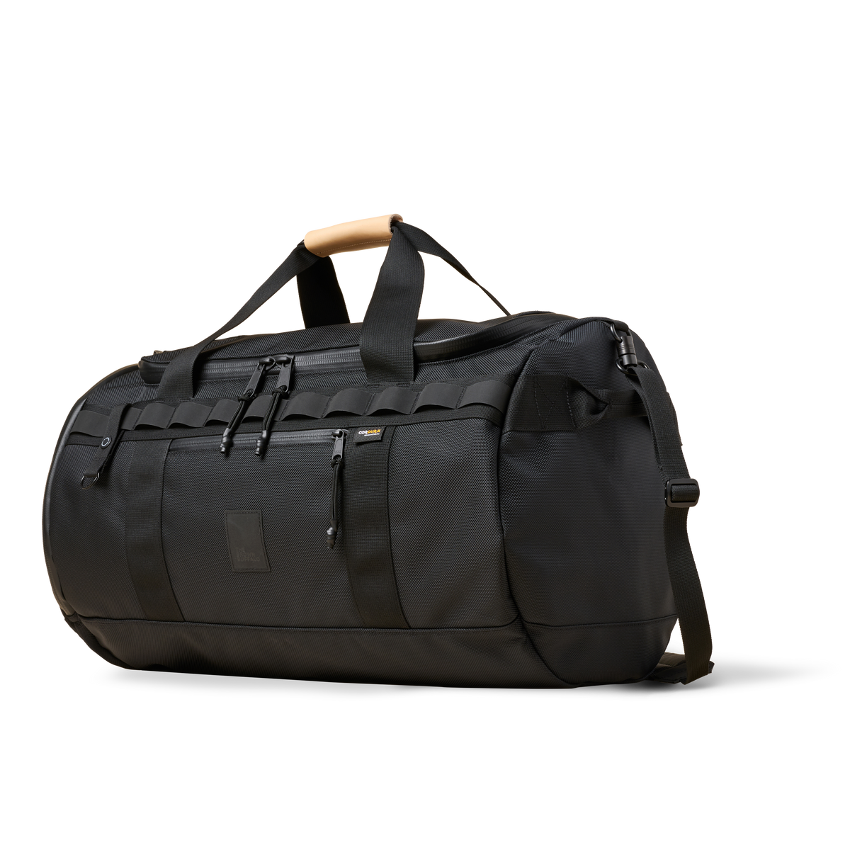 Duffalo duffel bag black with tan top handle and MOLLE webbing The Brown Buffalo on Tampa Home & Garden Store