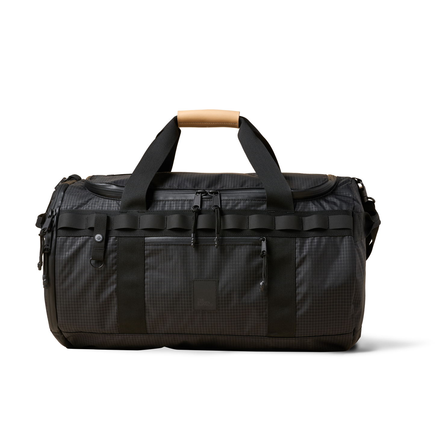 Duffalo duffel bag by The Brown Buffalo in black ripstop with tan leather handle wrap and rugged straps on Tampa Home & Garden Store