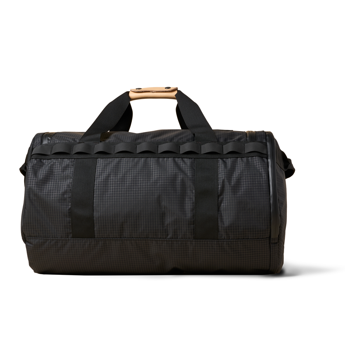 Duffalo duffel bag dark gray grid fabric with beige leather top handle and black straps on Tampa Home & Garden Store