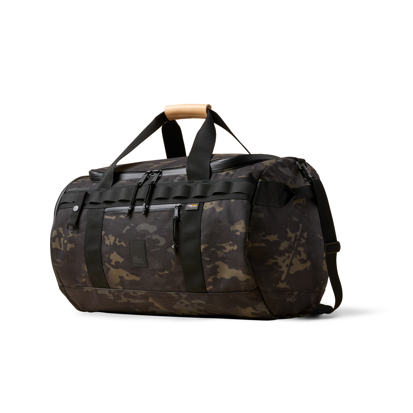 Duffalo camouflage duffel bag with black straps and tan leather handle The Brown Buffalo on Tampa Home & Garden Store