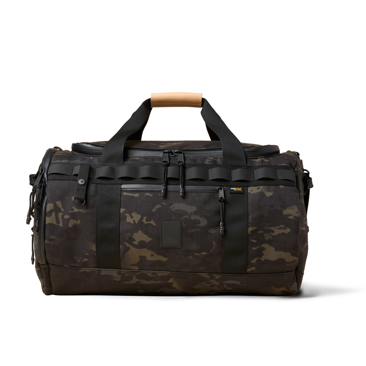 Duffalo duffel bag The Brown Buffalo in dark camo with straps and tan leather grab handle on Tampa Home & Garden Store