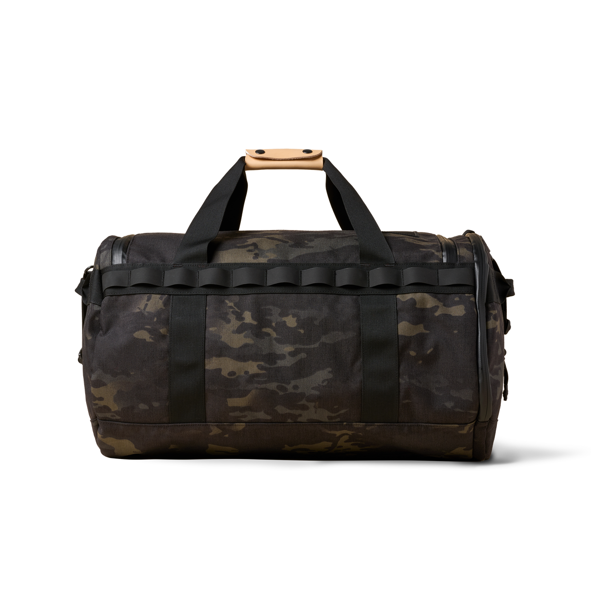 Duffalo camouflage duffel bag with tan leather top handle and black straps on Tampa Home & Garden Store