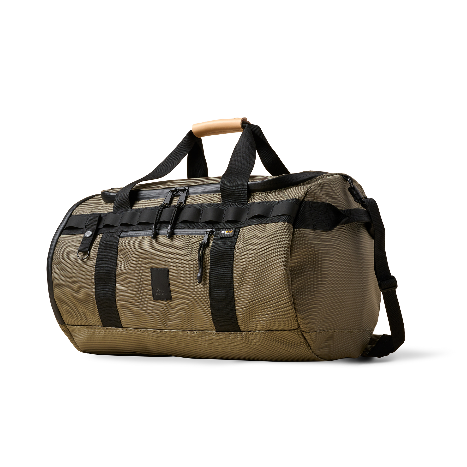 Duffalo duffel olive tan bag with black straps and top handle The Brown Buffalo on Tampa Home & Garden Store