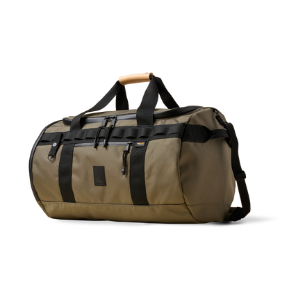Duffalo duffel olive tan bag with black straps and top handle The Brown Buffalo on Tampa Home & Garden Store