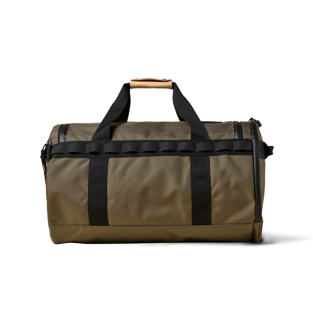 Duffalo duffel bag The Brown Buffalo in khaki canvas with black straps and tan leather handle on Tampa Home & Garden Store