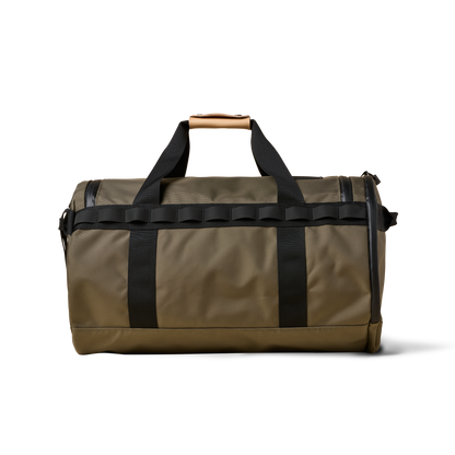 Duffalo duffel bag The Brown Buffalo in khaki canvas with black straps and tan leather handle on Tampa Home & Garden Store