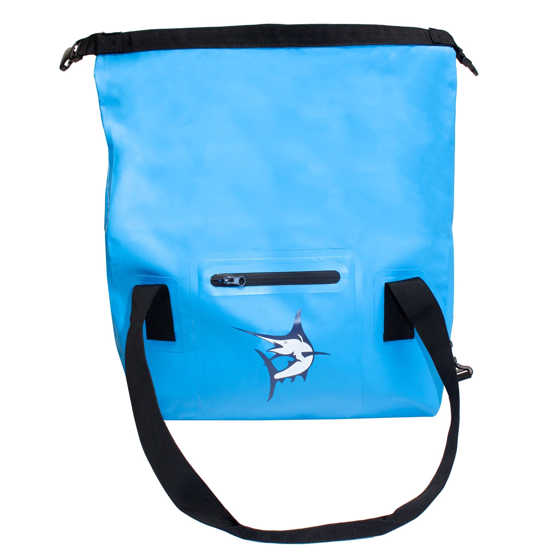 Midsize duffel bag in blue with black straps and front zipper pocket on Tampa Home & Garden Store