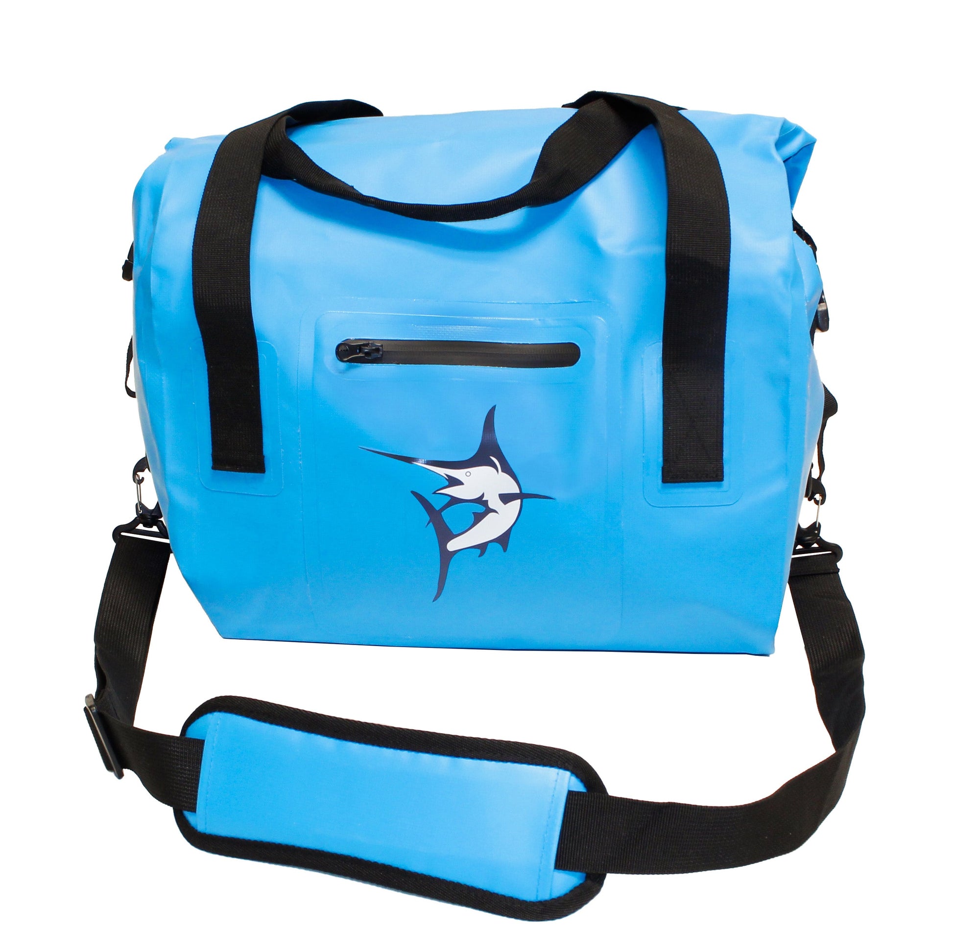 Midsize blue duffel bag with black straps and front zip pocket, White Water Life logo on Tampa Home & Garden Store
