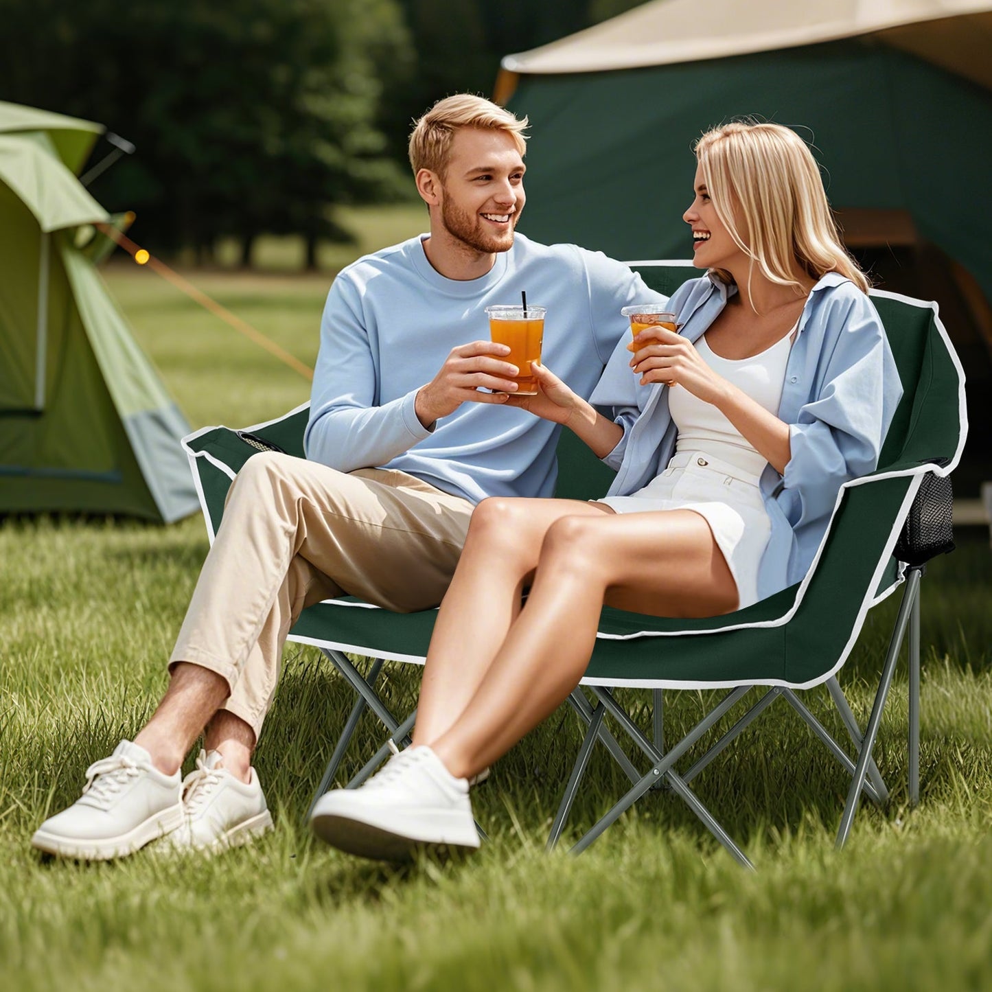 GemGear Duo Camping Chair portable green loveseat with armrests and cup holders for two on Tampa Home & Garden Store