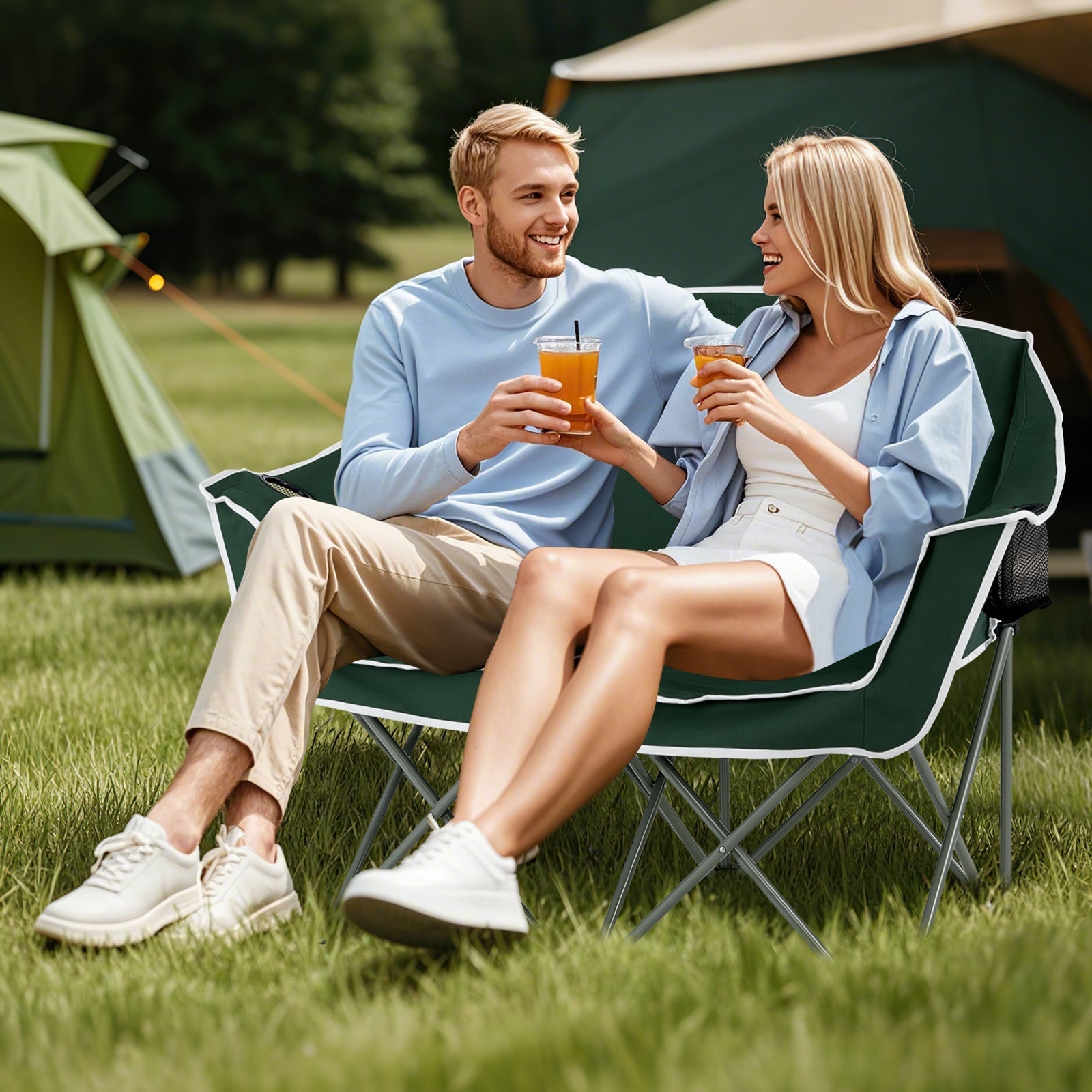 GemGear Duo Camping Chair portable green loveseat with armrests and cup holders for two on Tampa Home & Garden Store