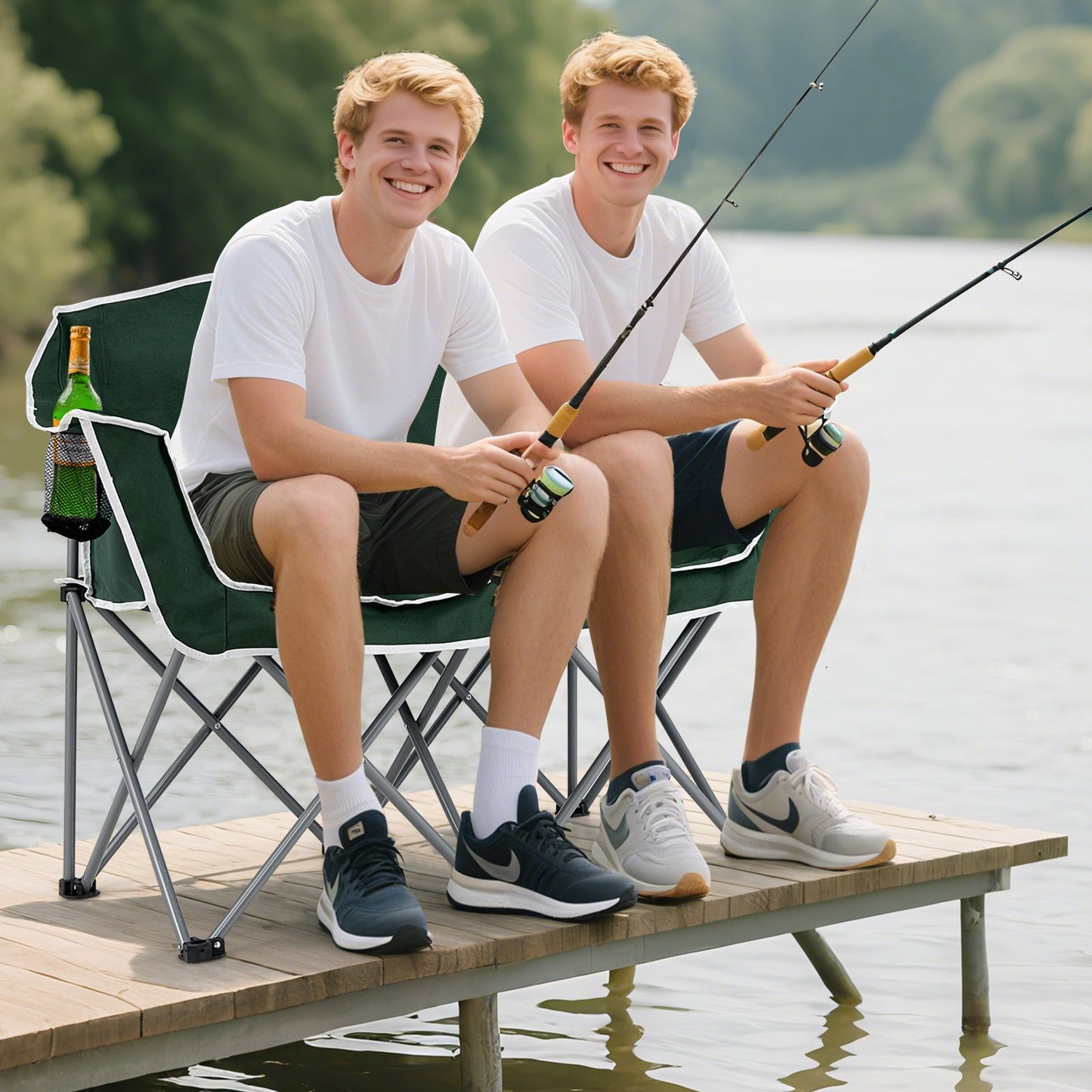 GemGear Duo Camping Chair Green Portable Oversized Loveseat with Armrests and Cup Holders on Tampa Home & Garden Store