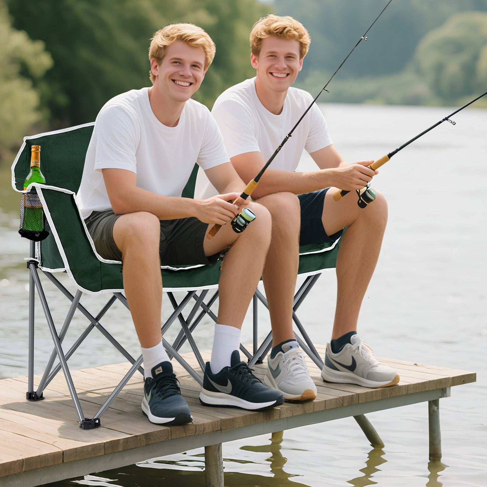 GemGear Duo Camping Chair Green Portable Oversized Loveseat with Armrests and Cup Holders on Tampa Home & Garden Store