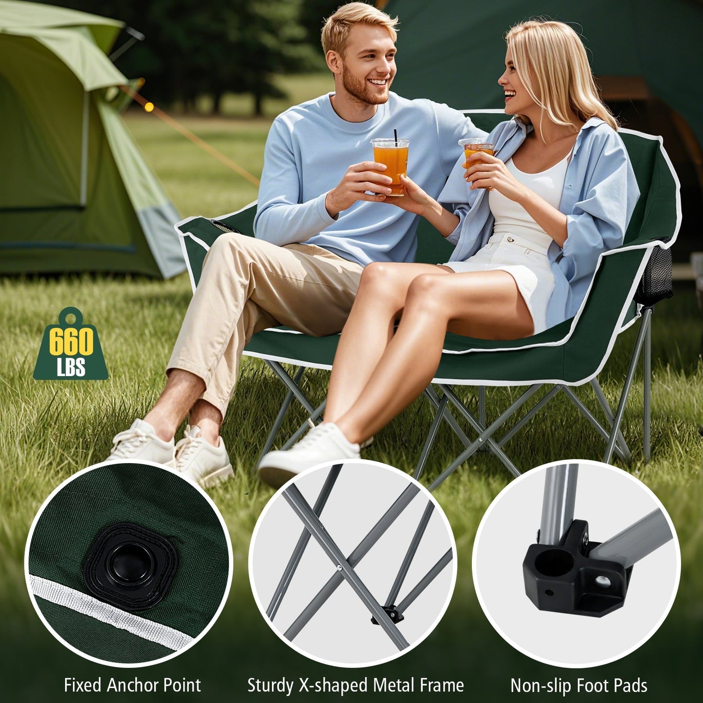 GemGear Duo camping chair oversized loveseat green with armrests and cup holders, X-frame on Tampa Home & Garden Store
