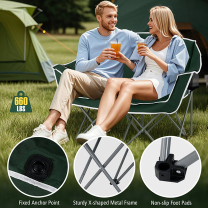 GemGear Duo camping chair oversized loveseat green with armrests and cup holders, X-frame on Tampa Home & Garden Store