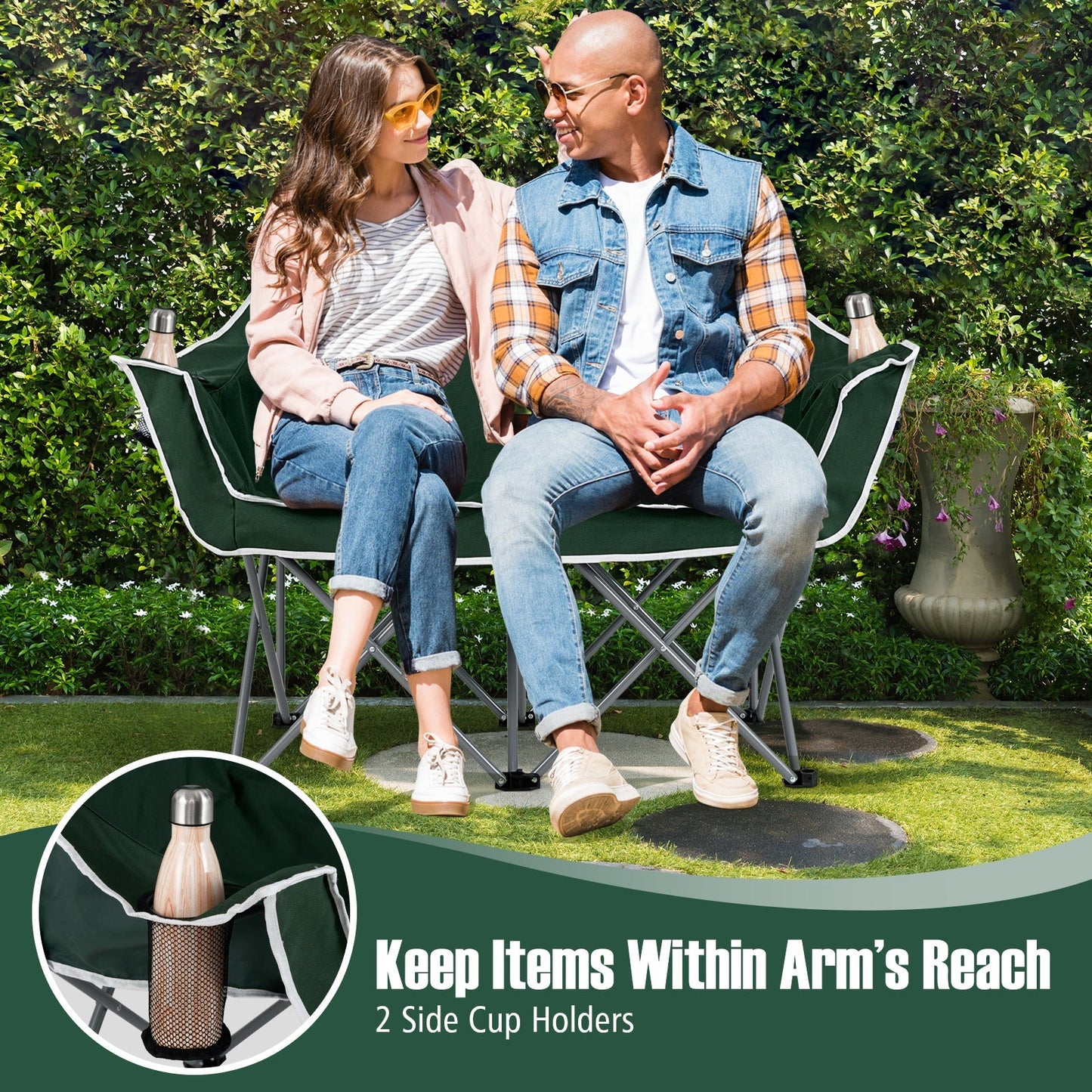 GemGear duo camping chair, oversized loveseat in green with armrests and two cup holders on Tampa Home & Garden Store