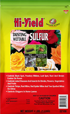 Dusting Sulfur Wettable Hi-Yield 4 lb bag fertilizer Rivendell yellow-green packaging on Tampa Home & Garden Store