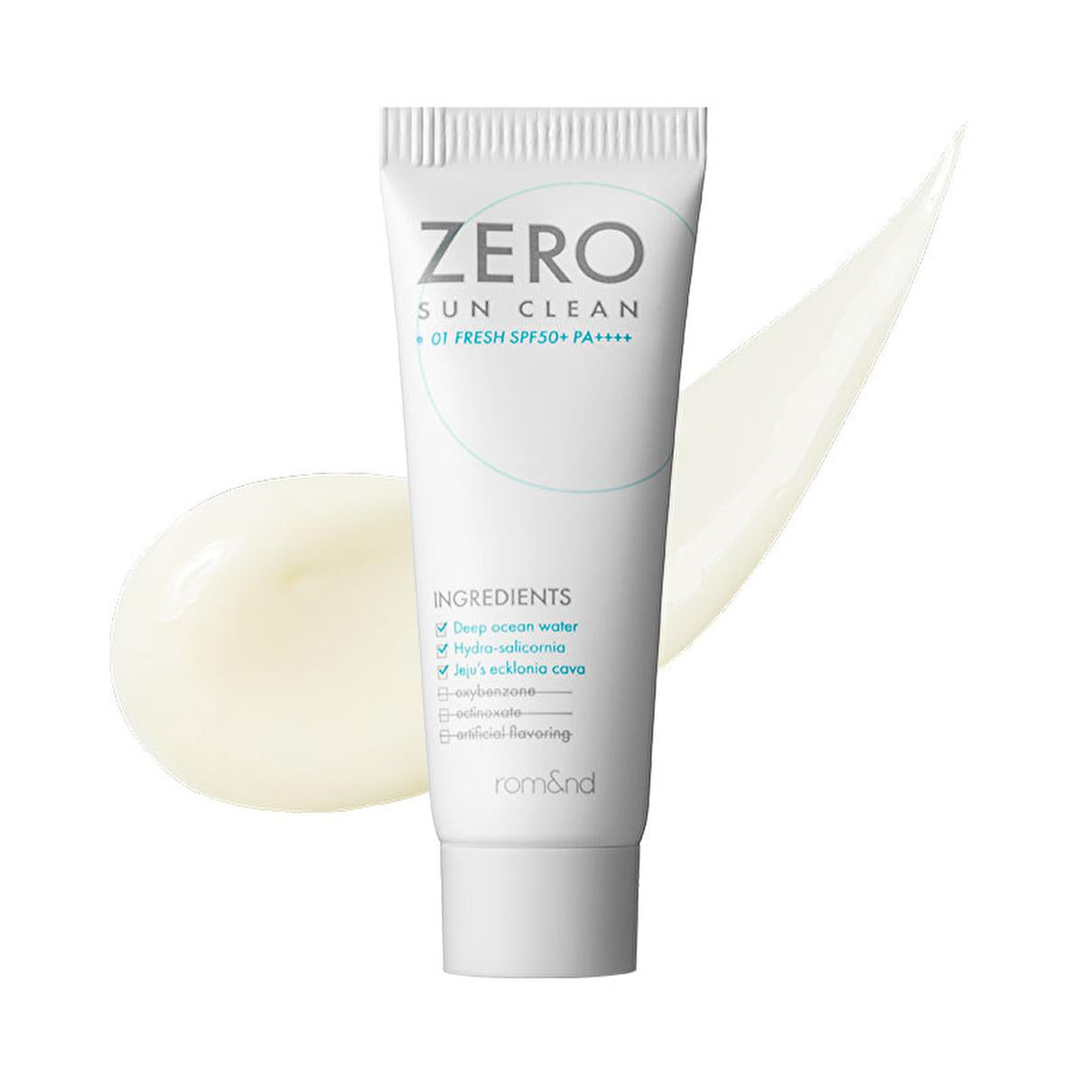 rom&nd Zero Sun Clean SPF50+ sunscreen tube; white with teal circle, Beauty Care Bag brand on Tampa Home & Garden Store