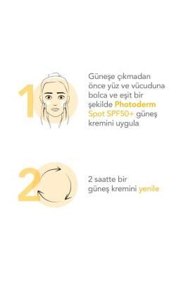 Bioderma Photoderm Spot SPF50+ sunscreen infographic 2-step application with a face icon on circles on Tampa Home & Garden Store