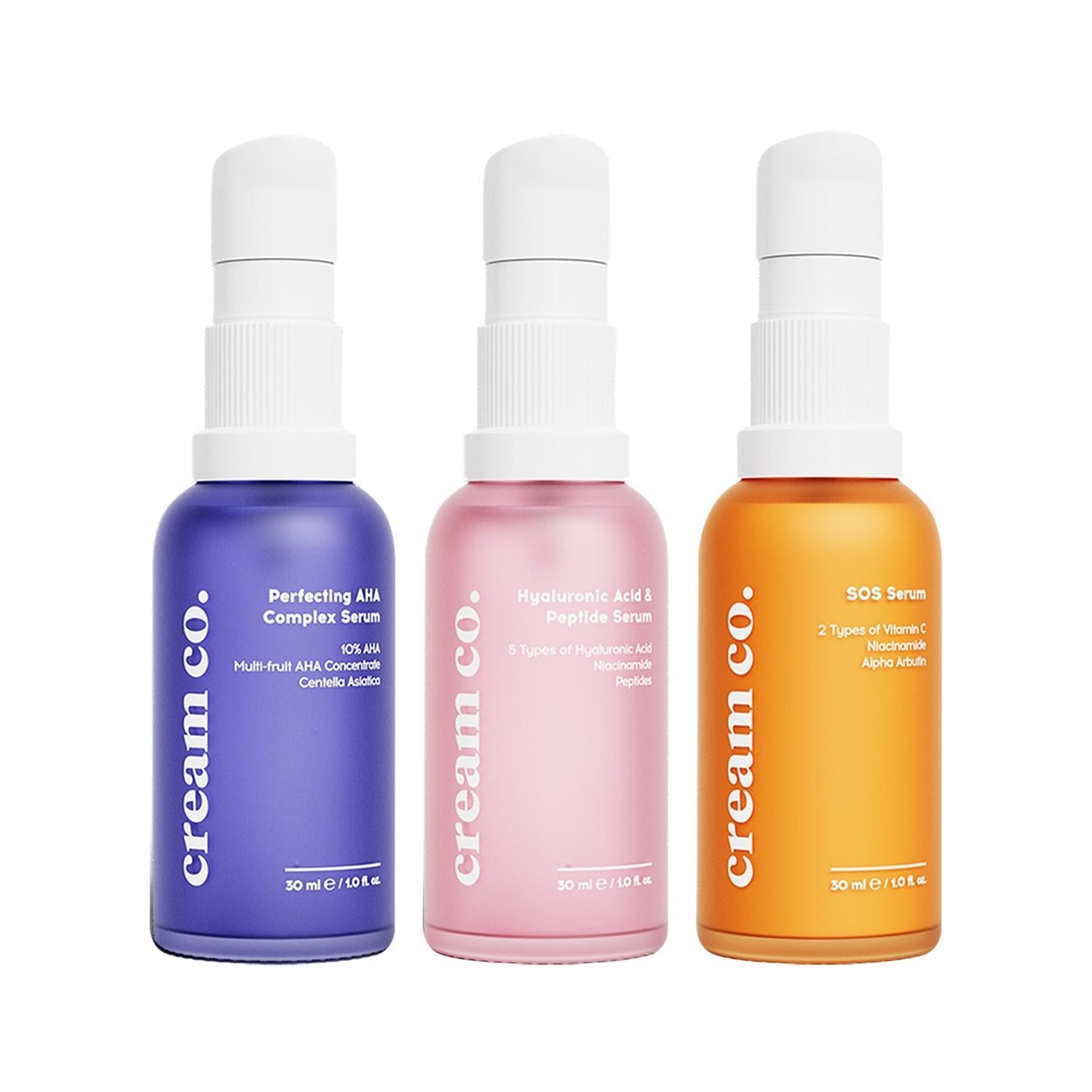 Cream Co face serum trio in purple, pink and orange bottles with white spray caps on Tampa Home & Garden Store