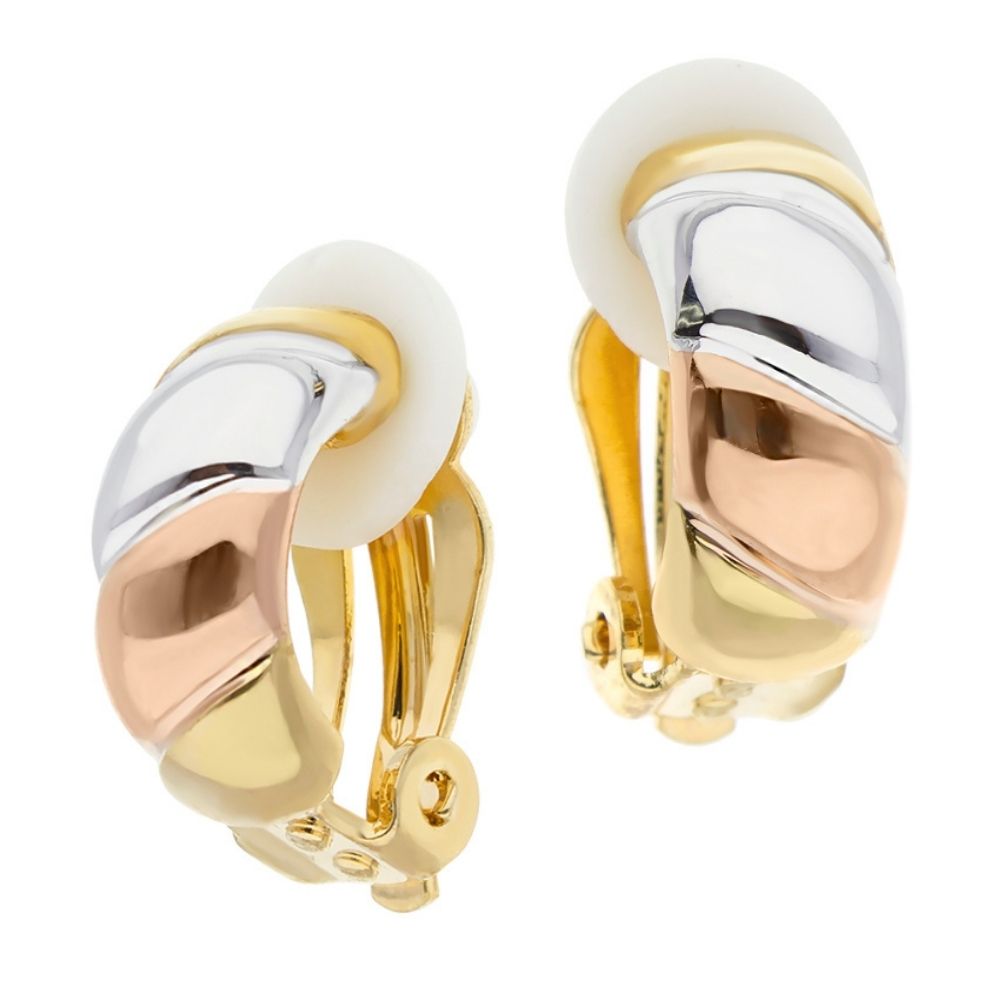 Socialite Ridged Half-Hoop Clip Earrings by Lauren G Adams, tri-metal gold/rose/silver tones, clip-on on Tampa Home & Garden Store