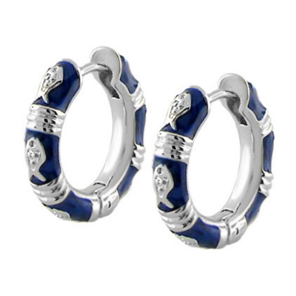 Ocean Love Huggies earrings, silver hoop pair with blue enamel accents, Lauren G Adams on Tampa Home & Garden Store