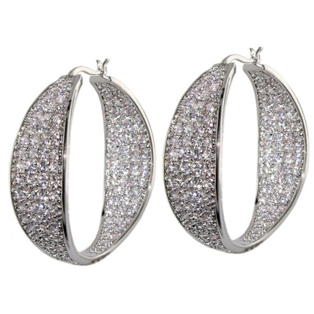 Pave Hoop Earrings Bold Dome, silver-tone hoops encrusted with pavé crystals, pair on Tampa Home & Garden Store