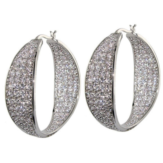 Pave Hoop Earrings Bold Dome, silver-tone hoops encrusted with pavé crystals, pair on Tampa Home & Garden Store
