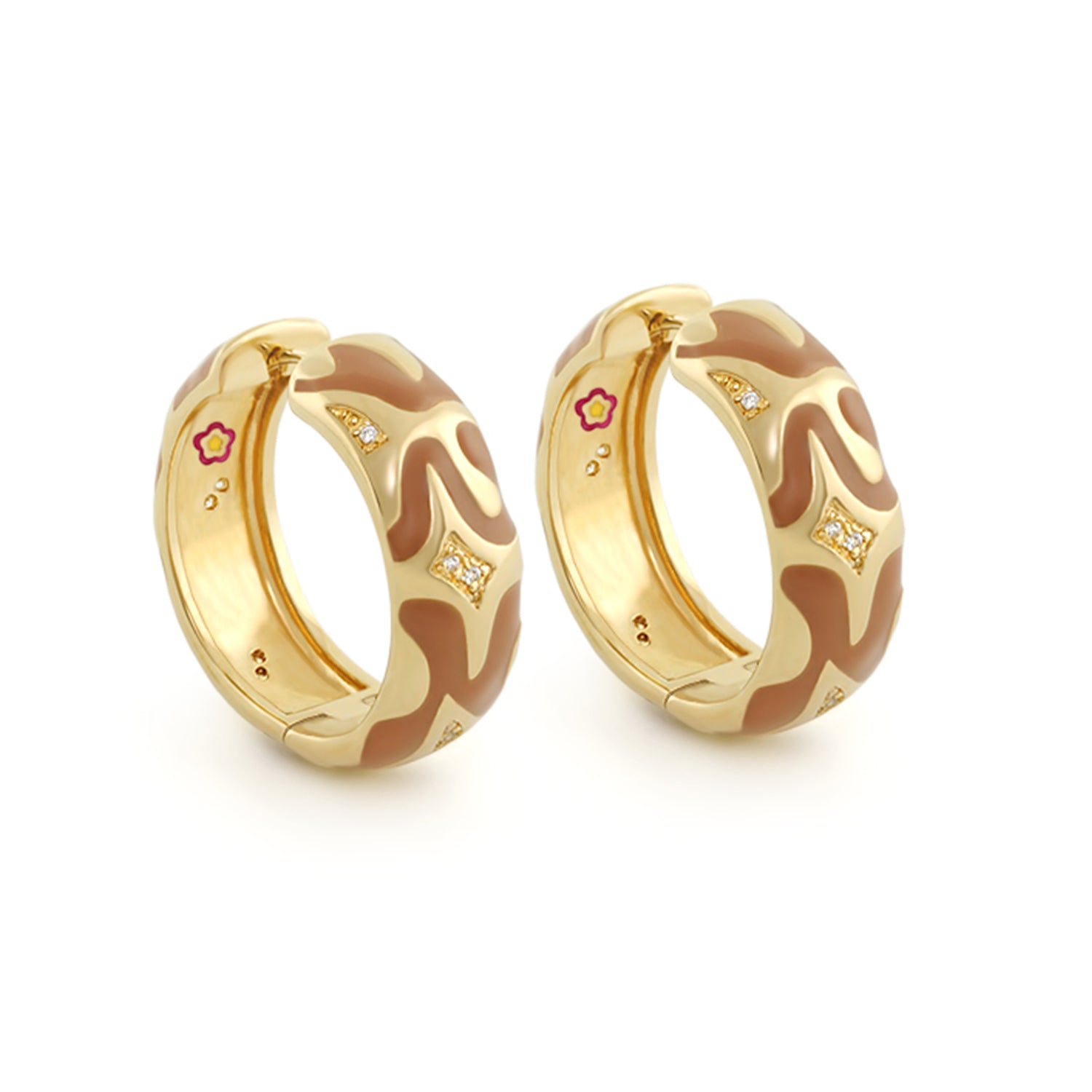 Swirl Tattoo Earrings pair, gold-tone hoops with brown enamel camo and diamonds, Lauren G Adams on Tampa Home & Garden Store