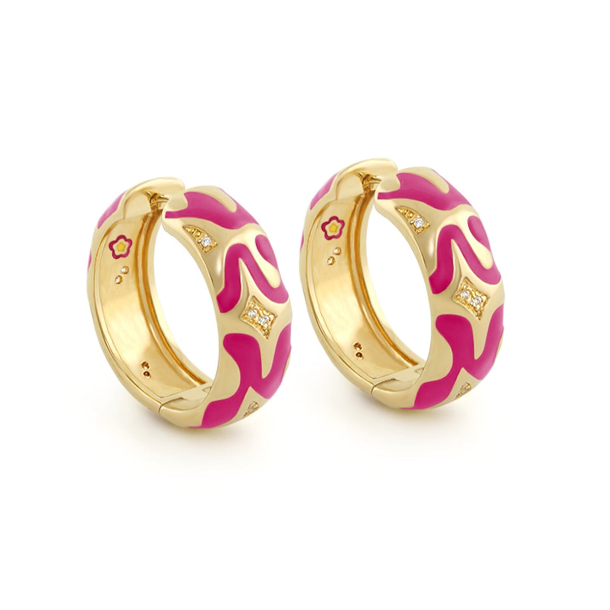 Swirl Tattoo Earrings gold-tone hoops with pink enamel swirls and diamond accents on Tampa Home & Garden Store