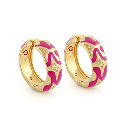 Swirl Tattoo Earrings gold-tone hoops with pink enamel swirls and diamond accents on Tampa Home & Garden Store
