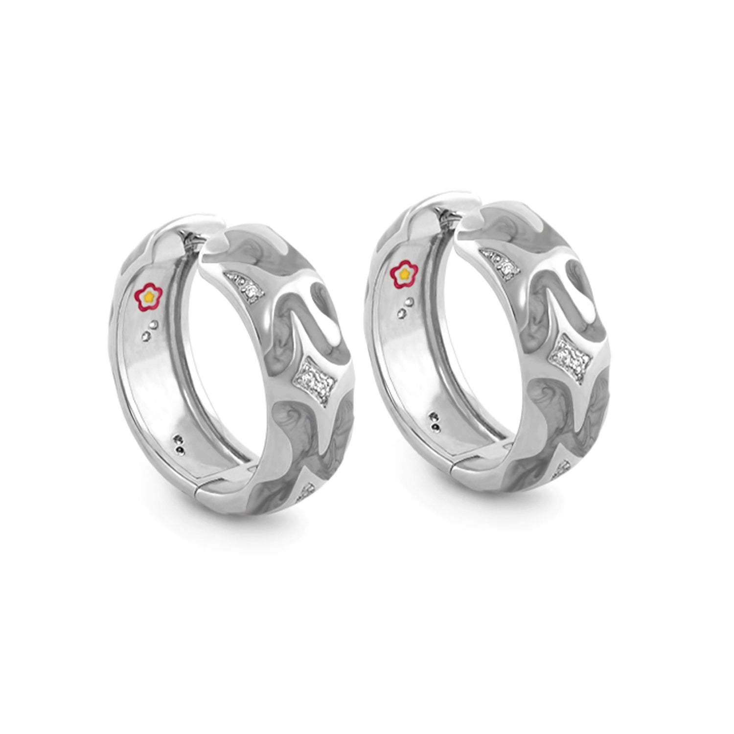 Swirl Tattoo Earrings, Lauren G Adams silver hoops with swirl pattern and red flower enamel on Tampa Home & Garden Store