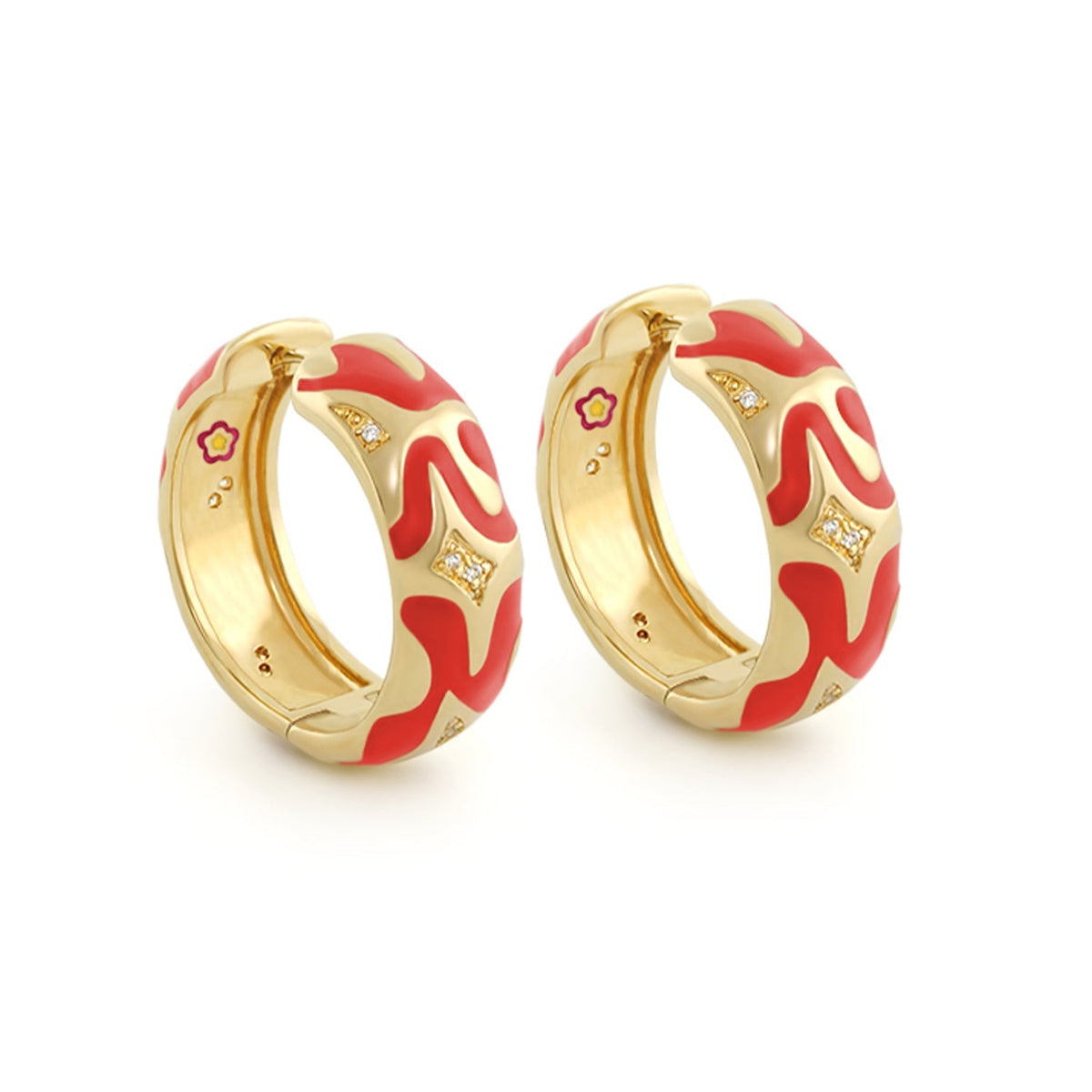 Swirl Tattoo Earrings gold-tone hoops with red enamel swirl, diamond accents by Lauren G Adams on Tampa Home & Garden Store