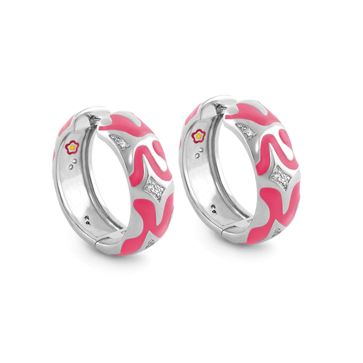 Swirl Tattoo Earrings pink enamel silver hoop pair with crystal accents and flower detail on Tampa Home & Garden Store