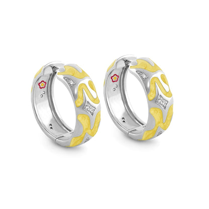Swirl Tattoo Earrings hoops in silver with yellow enamel swirls and crystal accents pair on Tampa Home & Garden Store