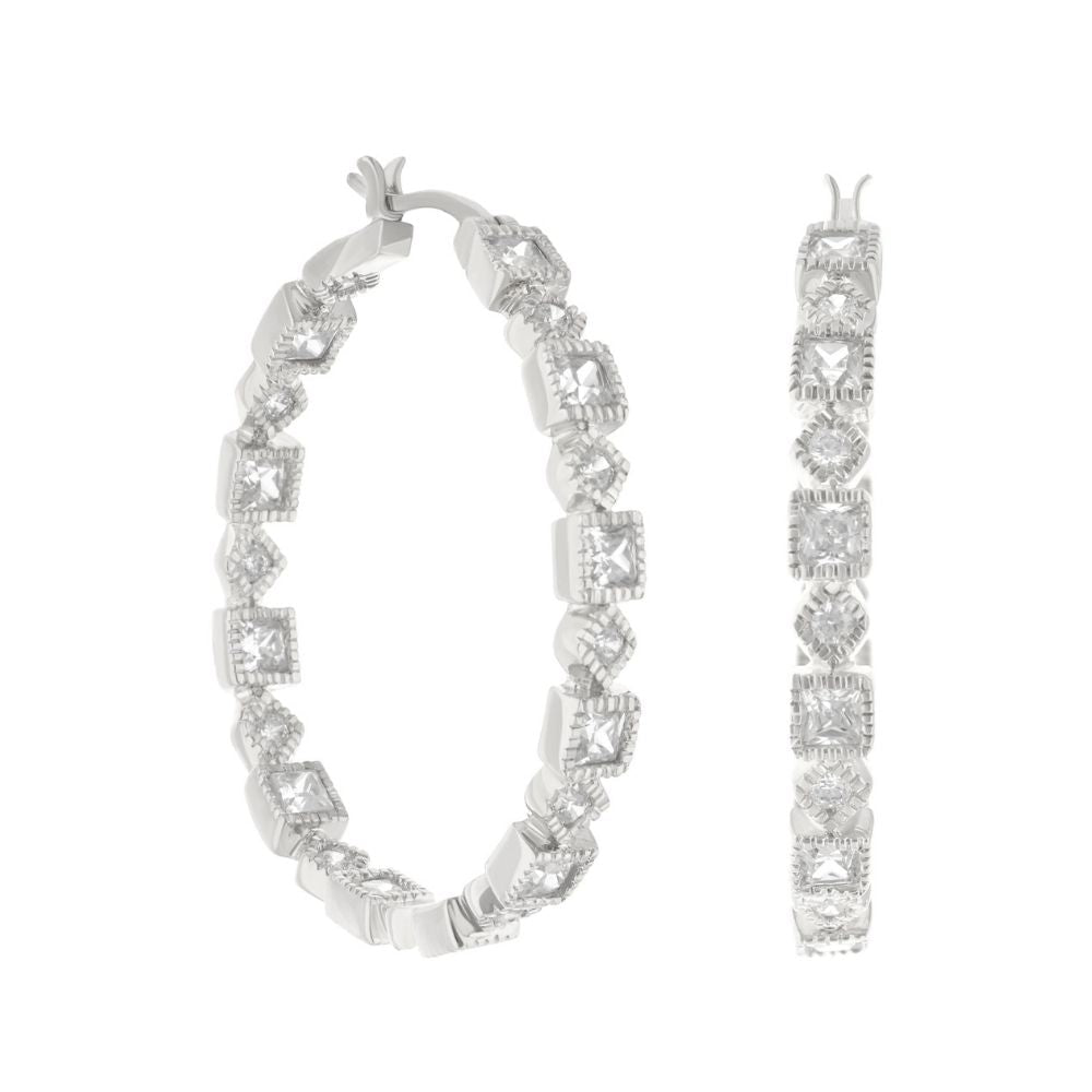 Pave Hoop Earrings by Lauren G Adams, silver-tone with square-cut pavé stones, 2-piece set on Tampa Home & Garden Store