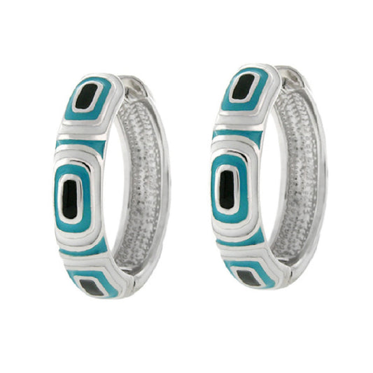 Modern Art enamel hoop earrings by Lauren G Adams, turquoise teal geometric enamel inlay, pair on Tampa Home & Garden Store