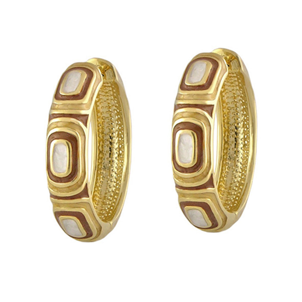 Modern Art Earring enamel hoops in gold with brown and white square enamel inlays on Tampa Home & Garden Store