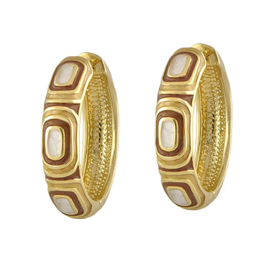 Modern Art Earring enamel hoops in gold with brown and white square enamel inlays on Tampa Home & Garden Store