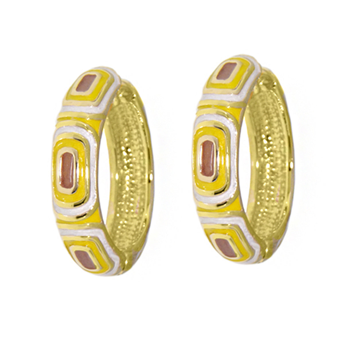 Pair of enamel hoop earrings by Lauren G Adams, yellow white geometric pattern on gold hoops on Tampa Home & Garden Store