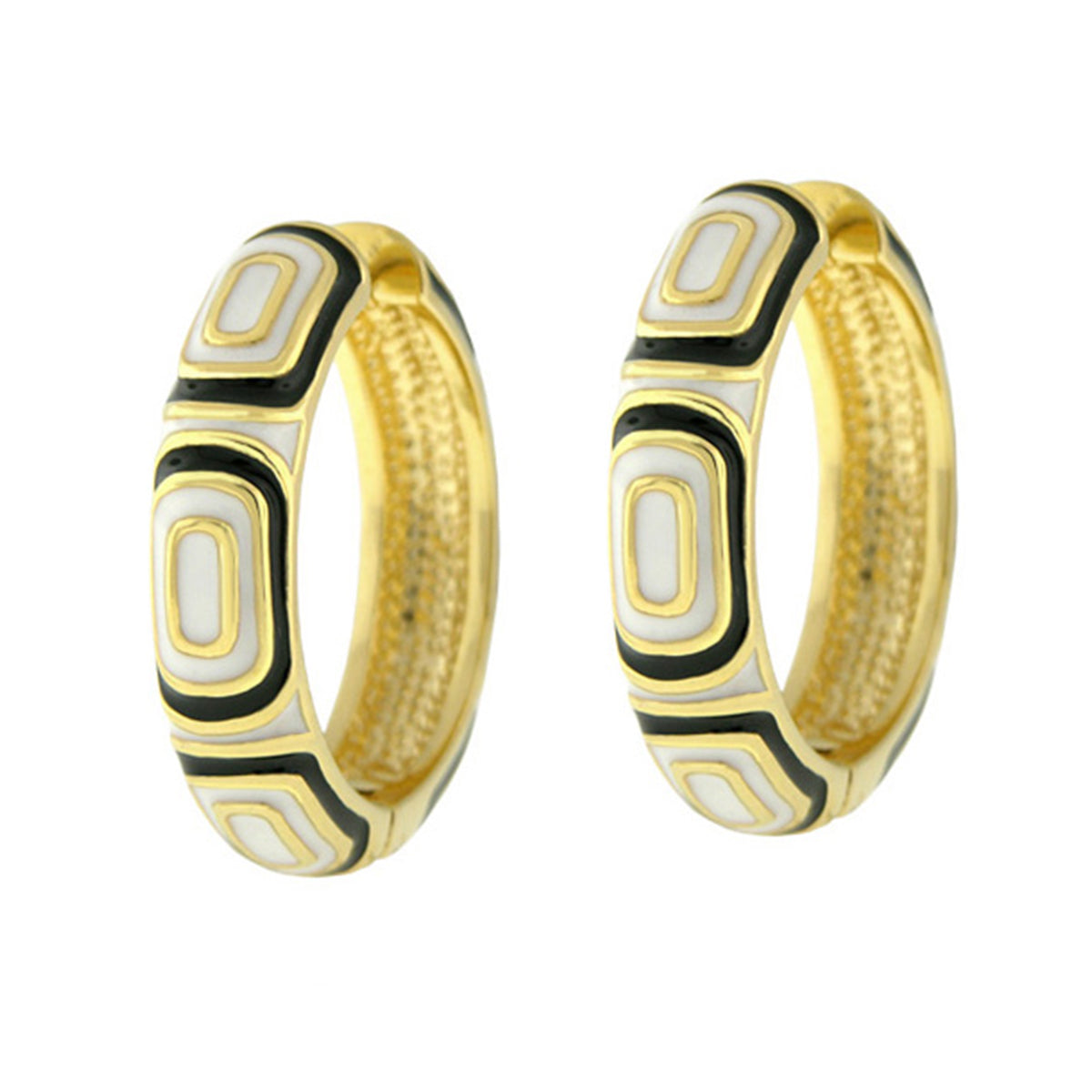 Modern Art Earring two enamel hoop earrings in gold with white and black panels by Lauren G Adams on Tampa Home & Garden Store