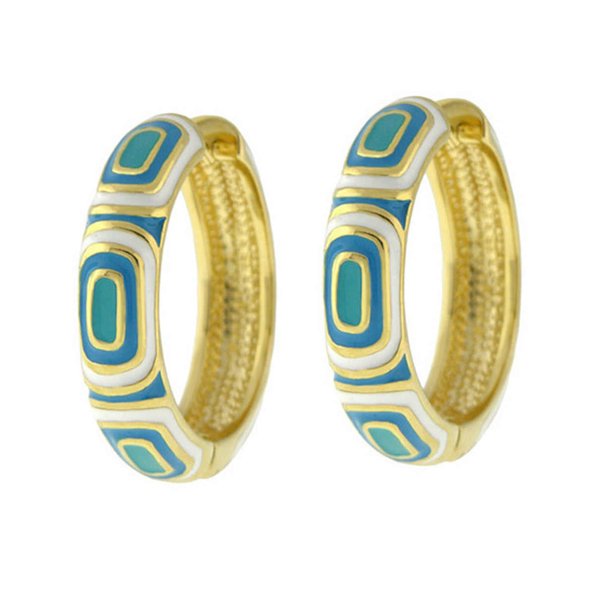 Modern Art Enamel Hoop Earrings by Lauren G Adams, gold-tone hoops pair with teal geometric enamel on Tampa Home & Garden Store