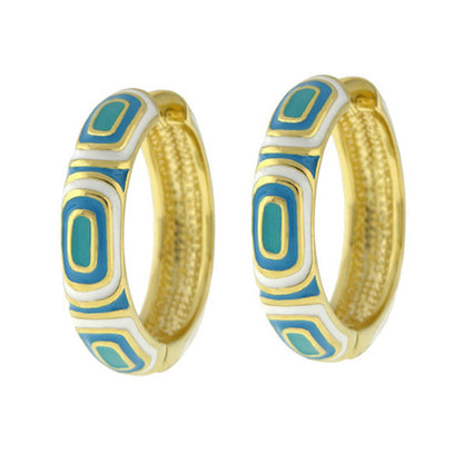 Modern Art Enamel Hoop Earrings by Lauren G Adams, gold-tone hoops pair with teal geometric enamel on Tampa Home & Garden Store