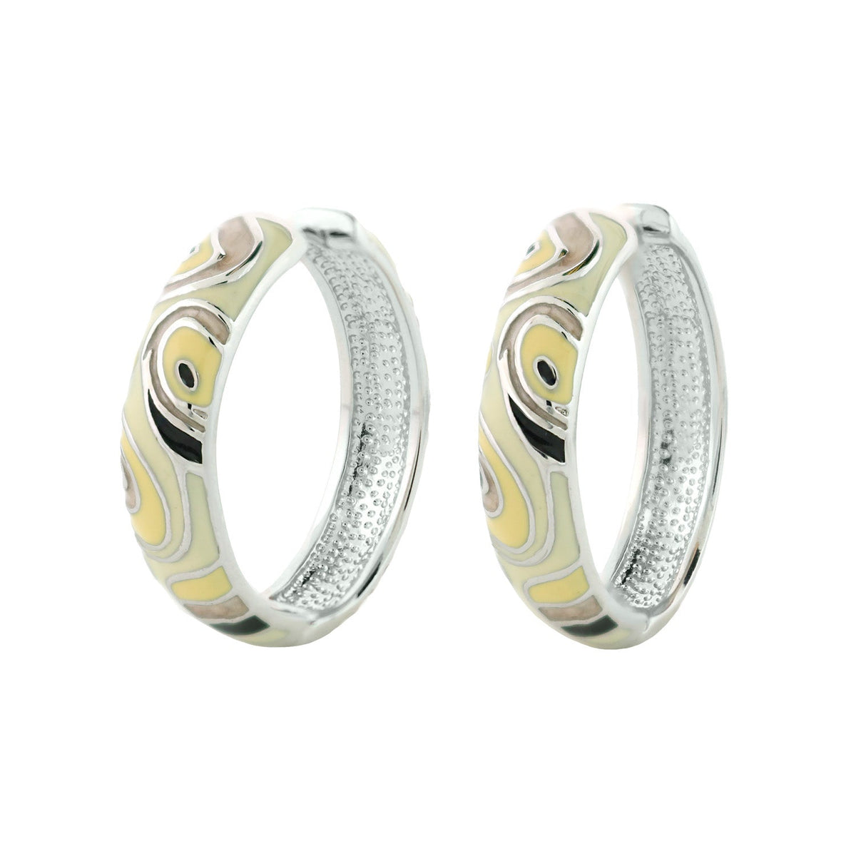 Picasso Hoop Earrings by Lauren G Adams, yellow enamel swirl on silver-tone hoops, pair on Tampa Home & Garden Store