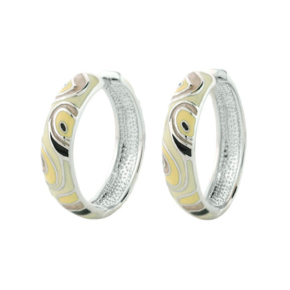 Picasso Hoop Earrings by Lauren G Adams, yellow enamel swirl on silver-tone hoops, pair on Tampa Home & Garden Store