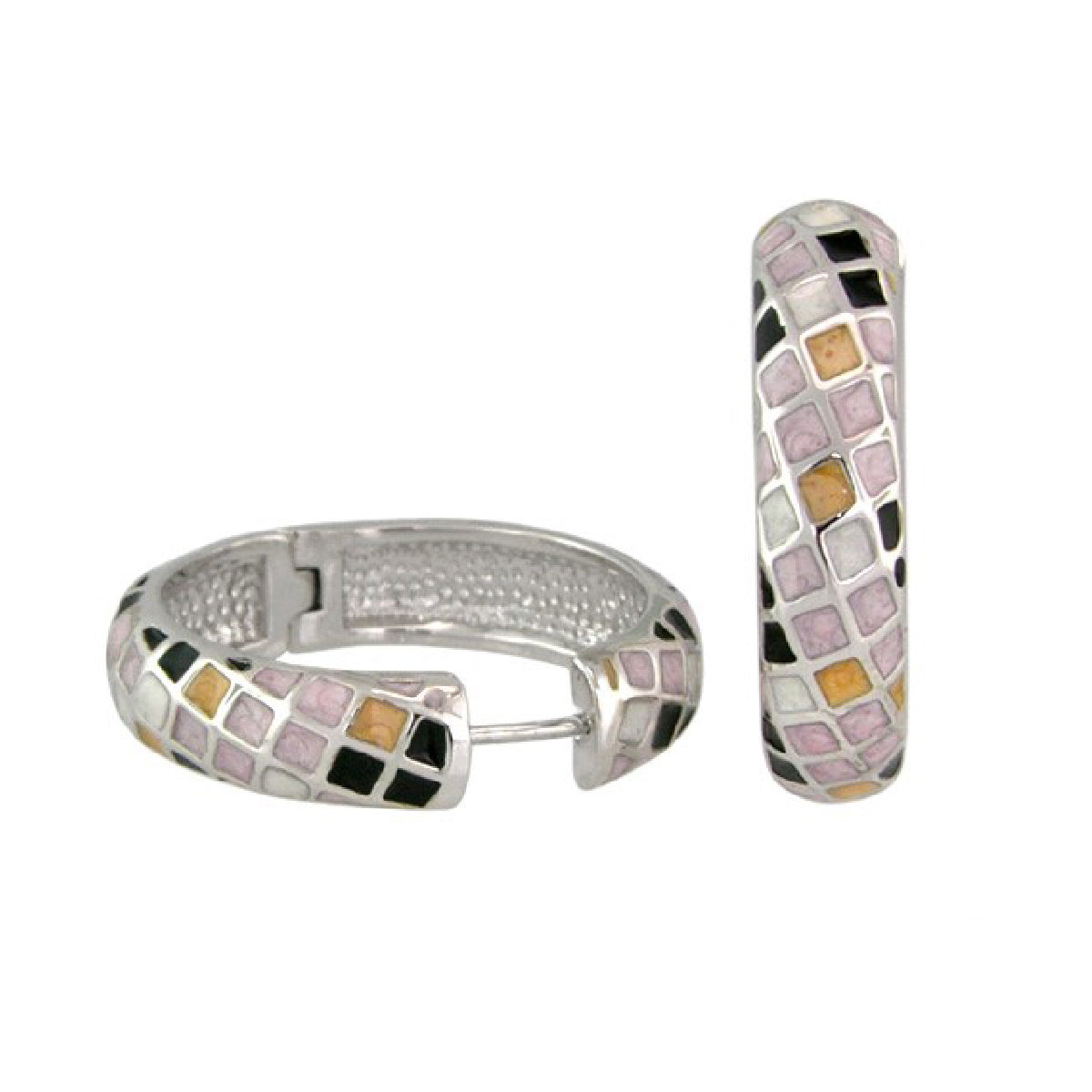 Sundial enamel hoop earrings, a pair of silver hoops with pink lilac and gold enamel squares on Tampa Home & Garden Store