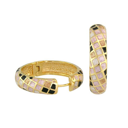 Sundial enamel hoop earrings by Lauren G Adams in pink and black mosaic on gold pair on Tampa Home & Garden Store