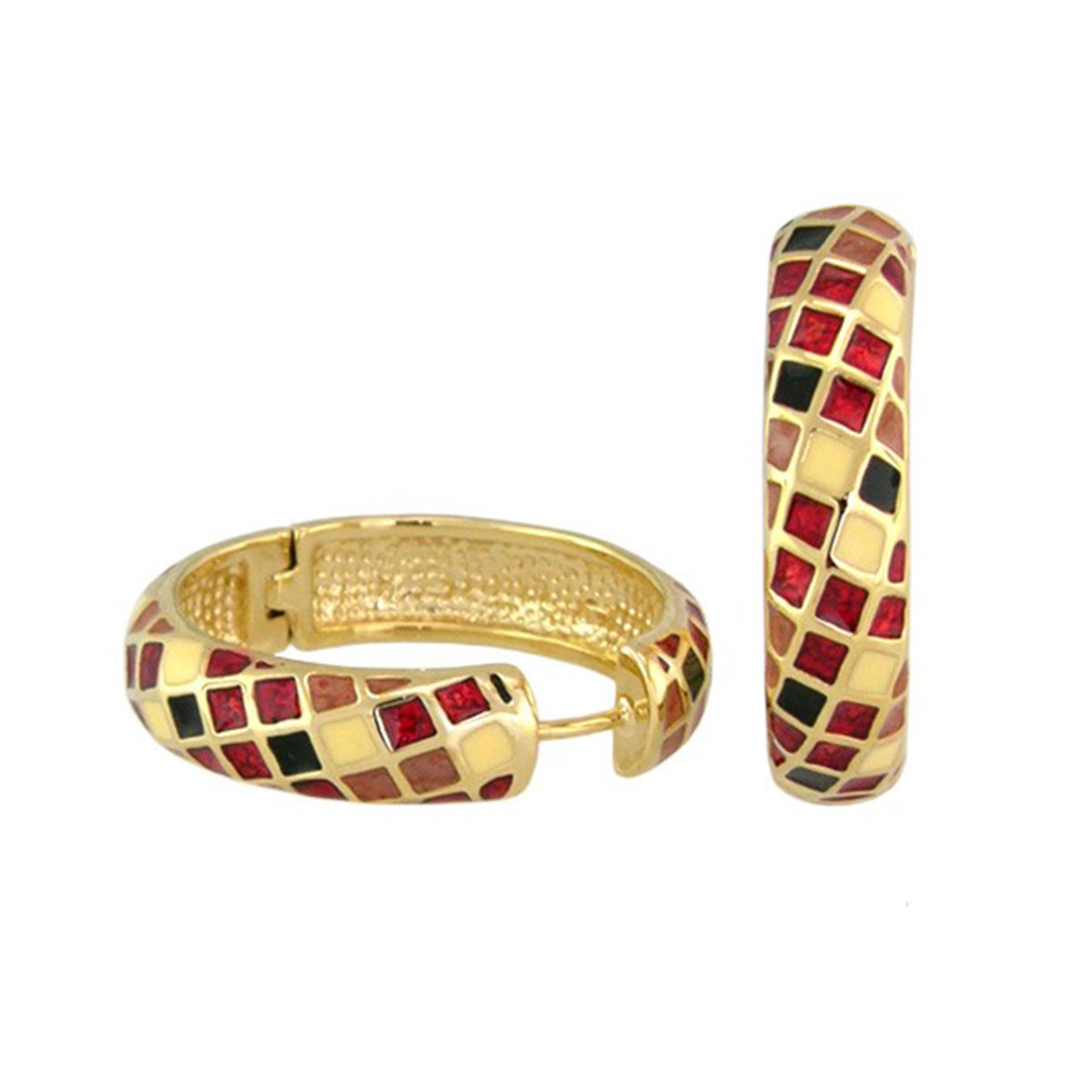 Sundial enamel hoop earrings by Lauren G Adams in gold with red black mosaic enamel on Tampa Home & Garden Store