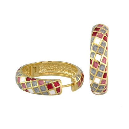Sundial enamel hoop earrings in gold-tone with red gray white tile mosaic on Tampa Home & Garden Store