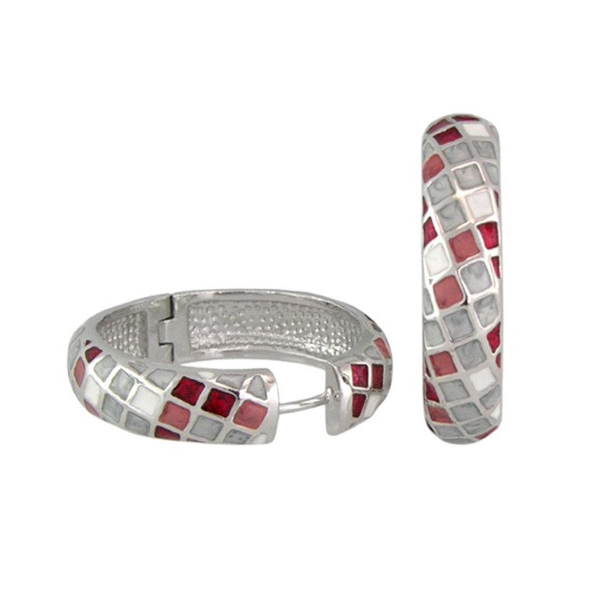 Sundial enamel hoop earrings in silver with red and gray mosaic squares by Lauren G Adams on Tampa Home & Garden Store